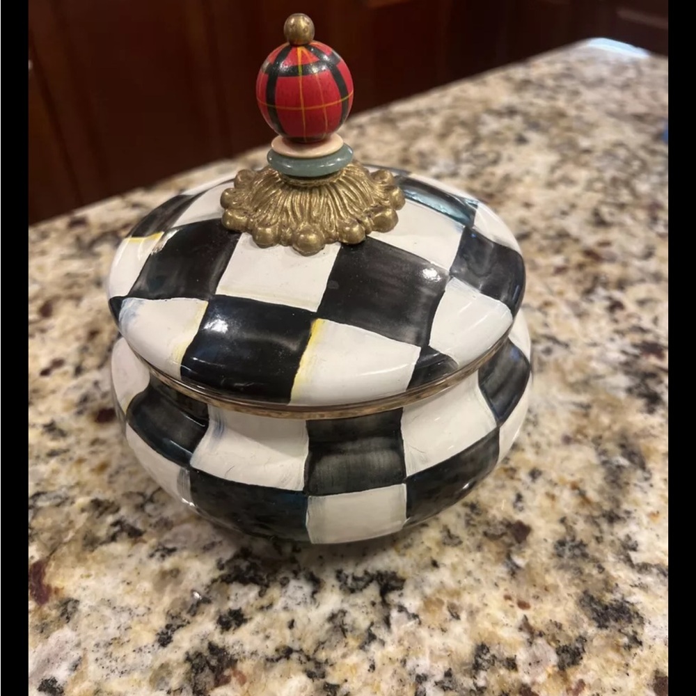 MacKenzie Childs Courtly Check Enamel Covered Dish Squat Pot Canister